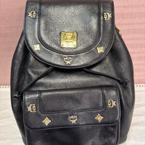 MCM Black Grained Calfskin Studded Drawstring Backpack